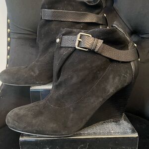 Ninewest Black Suede Wedge Buckle Ankle Boots